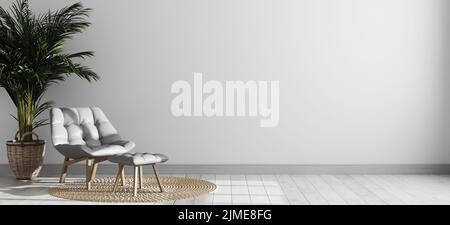Interni luminosi e moderni con poltrona grigia e palme, sfondo vuoto interno, mockup parete bianca, scandinavian st Foto Stock