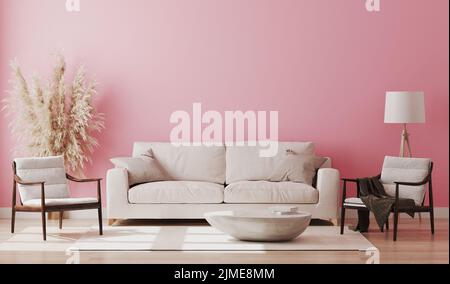 Interno stanza rosa, mockup interno soggiorno, parete rosa vuota, rendering 3d Foto Stock