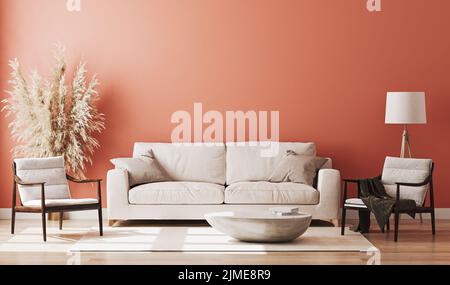 Interni in stanza rossa, mockup interno soggiorno, parete rossa vuota, rendering 3d Foto Stock