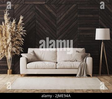 Interni moderni e lussuosi con divano beige e pannello decorativo a parete in legno con pavimento in parquet, lampada da terra e soggiorno Foto Stock