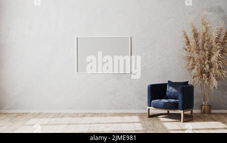 La struttura a poster orizzontale bianca si mimica sulle pareti grigie in un moderno soggiorno interno con poltrona blu scuro e pavimento in legno Foto Stock