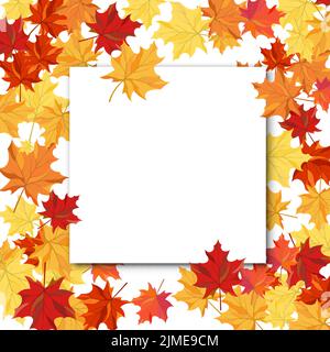 Cornice autunnale con foglio vuoto di carta e foglie di acero sopra e sotto di esso. Su sfondo bianco. Design elegante con spazio di testo e bilanciamento ideale Illustrazione Vettoriale