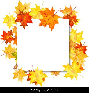 Cornice autunnale con foglio vuoto di carta e foglie di acero sopra e sotto di esso. Su sfondo bianco. Design elegante con spazio di testo e bilanciamento ideale Illustrazione Vettoriale