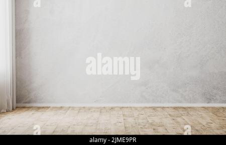 Camera vuota con parete in gesso grigio decorativo e pavimento in parquet, Ñurtain, parete di fondo vuota in cemento, 3D intonaco Foto Stock