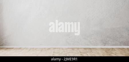 Parete vuota in cemento, stanza vuota con parete in plastica decorativa grigia e pavimento in legno, panorama, rendering 3d Foto Stock