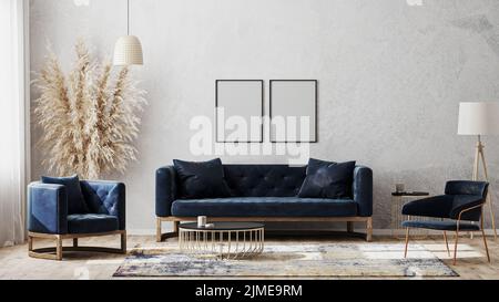 Due cornici a baldacchino bianche su muro grigio mockup in moderno design di lusso interni con divano blu scuro, poltrone vicino al tavolo cofee, fa Foto Stock