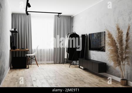 Moderno soggiorno interno con pareti grigie, appendiabiti e specchio a pavimento, TV, tavolo in legno con PC, tende grigie alla finestra, Foto Stock