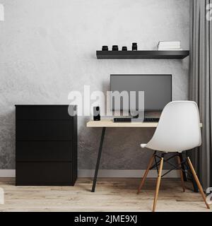 Posto di lavoro con PC su tavolo in legno stile loft con sedia bianca, cassettiera nera e parete grigia vuota, lavoro da casa concpe Foto Stock