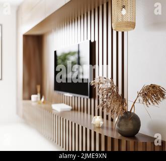 Area TV in primo piano nel soggiorno, pannello in legno scanalato con decorazioni moderne, lampada a sospensione, sfondo interno del soggiorno, tv Foto Stock