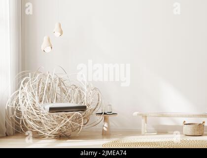 Moderno soggiorno interno in colori luminosi con poltrona nido design, panca in legno e lampada a sospensione, in stile scandinavo, camera Foto Stock