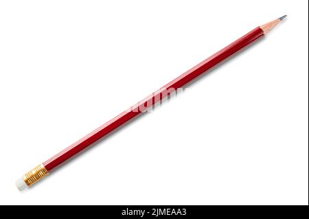matita isolata su sfondo bianco puro. Matita rossa isolata su bianco con Eraser. Strumento per disegnare, disegnare e redigere un piano d'azione Foto Stock