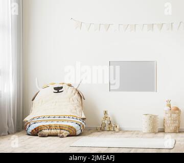 Cornice orizzontale su sfondo interno sala giochi per bambini, stile scandinavo, rendering 3D Foto Stock