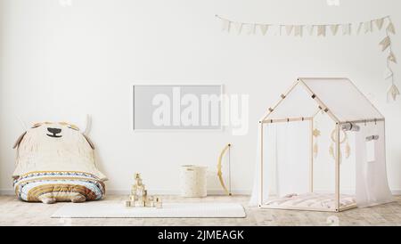 Cornice orizzontale vuota all'interno della sala giochi per bambini in stile country con tenda, morbida poltrona e giocattoli, 3D rendering Foto Stock