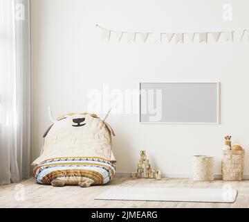 Cornice orizzontale su sfondo interno sala giochi per bambini, stile scandinavo, rendering 3D Foto Stock