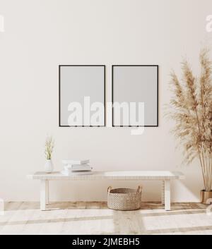 Poster in bianco mockup cornice su parete bianca in moderno sfondo interno in stile scandinavo con decorazione, rendering 3d Foto Stock