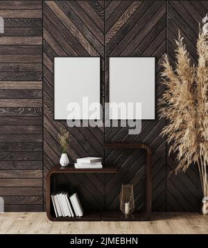 Due cornici nere verticali vuote su parete di legno scuro con mensole con decorazione e libri su, pampas erba, rendering 3d Foto Stock