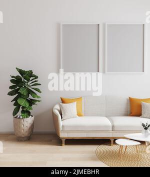 Cornice per poster in stile scandinavo con sfondo interno moderno, salotto, rendering 3d, illustrazione 3d Foto Stock