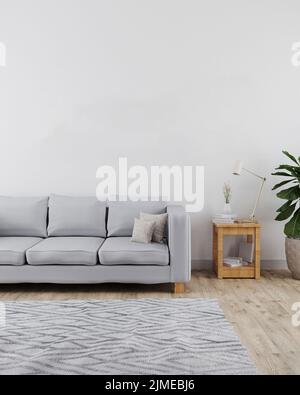 Interni moderni e minimalisti del soggiorno con divano mockup, pareti bianche e pavimento in legno con moquette grigia, interni moderni ba Foto Stock