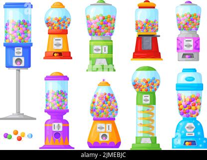 Macchine di bubblegum. Gumball macchina bubble gum dispenser o cartone animato pieno gashapon capsule bambini giocattoli, distributore automatico contenitore dolci palle palle penny moneta, vettore illustrazione di bubblegum dispensa Illustrazione Vettoriale