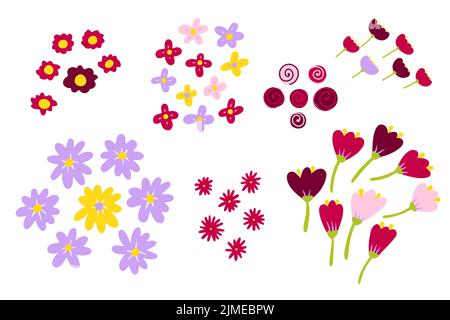 Set di fiori astratti vettoriali. Camomiles colore isolato su sfondo bianco. Margherita, tulipano, rosa di peonia. Cartoon pianta rosa. Bouquet fresco. Sim Illustrazione Vettoriale
