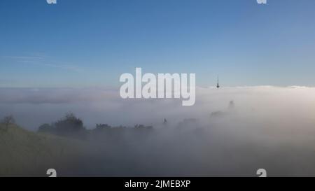 Auckland Sky Tower nel mare della nebbia, dalla cima del Monte Eden. Formato verticale. Foto Stock