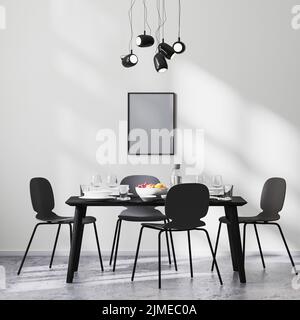 Struttura a poster in stile moderno sala da pranzo con tavolo e sedie neri e parete bianca con travi a vista, pavimento in cemento, mi Foto Stock