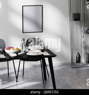 La struttura è realizzata in interni dal design minimalista contemporaneo, primo piano del tavolo da pranzo con sedie, parete bianca e pavimento in cemento, t Foto Stock