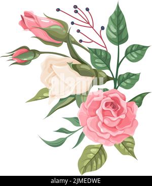 Romantici fiori da matrimonio. Rose rosa e bianca su ramo verde Illustrazione Vettoriale