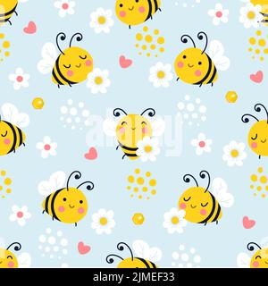 Bee senza cuciture. Api che volano, daisy prato e insetto stampe di tessuto grazioso. Carino cartoon estate primavera bambini sfondo, oggi natura vettore Illustrazione Vettoriale