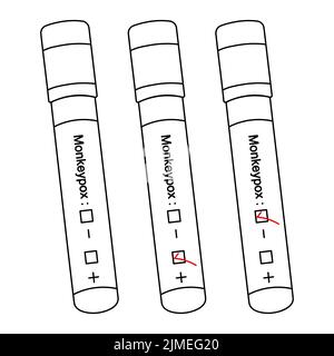 Diagnosi di campioni di sangue per il virus della scimmietta. Provette con test paziente. Set di illustrazioni vettoriali. Risultato: Positivo, negativo, non finito. Illustrazione Vettoriale