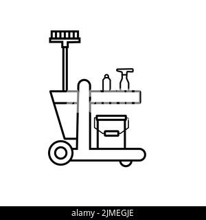 Icona della linea vettoriale del carrello di pulizia, segno, illustrazione sullo sfondo, tratti modificabili Illustrazione Vettoriale