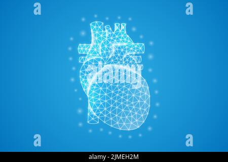 Simbolo di poly cuore basso con punti bianchi collegati. 3D poligonale geometrica organo interno. Cardiologia, illustrazione vettoriale del disegno del trapianto. Illustrazione Vettoriale