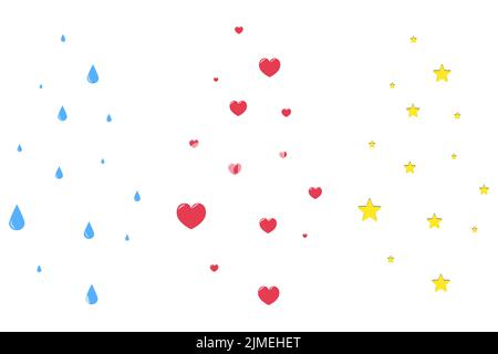 Gocce d'acqua blu, cuori rossi e stelle gialle. Aumento del set di elementi vettoriali. Gocce d'onda, scarlatto simboli d'amore e corpi celesti dorati. Illustrazione Vettoriale