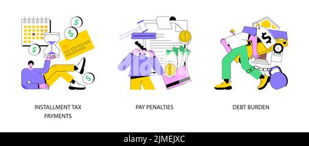 Insieme di illustrazioni vettoriali di concetto astratto di responsabilità finanziaria. Pagamento delle tasse rateali, penalità di paga, onere del debito, tolleranza di prestito dello studente, pagamento mensile del credito, metafora astratta scadenza. Illustrazione Vettoriale
