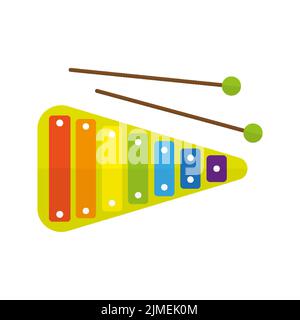 Xylophone bambini strumento musica batteria piatto. Giocattolo negozio logo colorato adesivo educativo divertente strumento bambini casa giochi creatività canto musicista fine motor abilità buon udito isolato Illustrazione Vettoriale