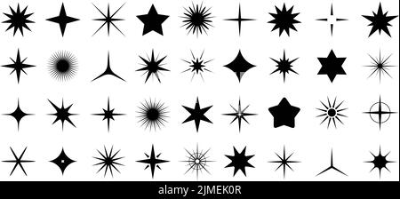Stelle nere. Grafica minimalista stella raggi, scintillante silhouette simboli moderni. Icone brille geometriche, natale diverso, festa, festa Illustrazione Vettoriale