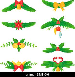 Set di testate o divisori natalizi Pine ramo palle di fiori di campanello di abete in stile cartone animato. Illustrazione Vettoriale