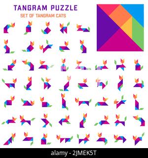 Puzzle tangram per bambini. Set di gatti tangram. Illustrazione Vettoriale