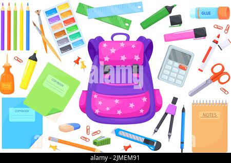 Articoli per la borsa scolastica. Cartoleria innovativa scuola ragazzi apprendimento, oggetto dettagliato piccoli accessori cartoon satchel vernice stazionari calcolatrice carta matita, illustrazione vettoriale di scuola borsa scolastica Illustrazione Vettoriale