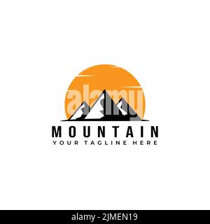 Modello con logo di montagna e sole arancione Illustrazione Vettoriale