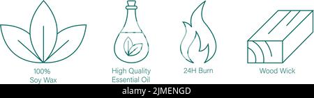 cera di soia, olio essenziale di alta qualità, bruciatura 24hour, stoppino di legno, candele icona set illustrazione vettoriale Illustrazione Vettoriale