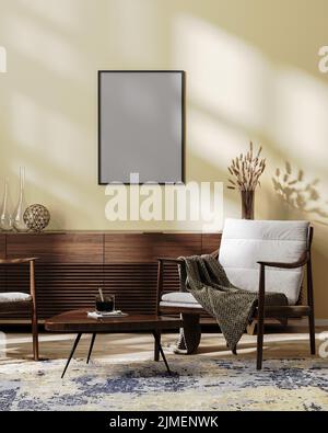 Poster cornice mock up in accogliente moderno soggiorno interno mock up in toni marrone chiaro, in stile scandinavo, 3D illustrazione Foto Stock