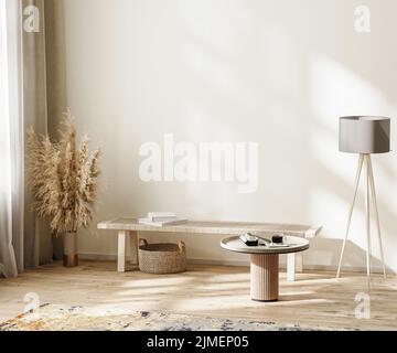 Interni Scandinavi minimalisti in colori neutri con mobili, mockup a parete vuoto, illustrazione 3d Foto Stock