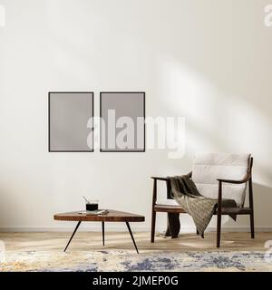 Poster frame mock up in scandinavo sfondo minimalista interno con poltrona con coperta e tavolino da caffè, tappeto, vuoto Whi Foto Stock