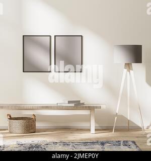 Le cornici si mimano negli interni moderni, la stanza luminosa con i raggi del sole, la parete mimk up, il rendering 3D Foto Stock