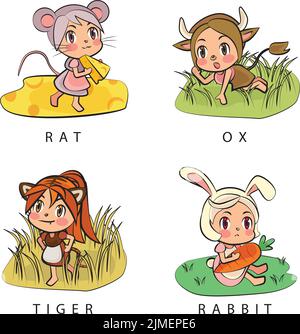 Un insieme di zodiacs cinesi illustrazioni colorate del cartone animato - coniglio della tigre del bue del ratto Illustrazione Vettoriale