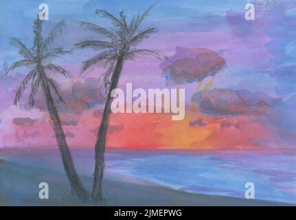 Acquerello su carta: Un'impressione di un tramonto su una spiaggia tropicale. Silhouette di una palma Foto Stock