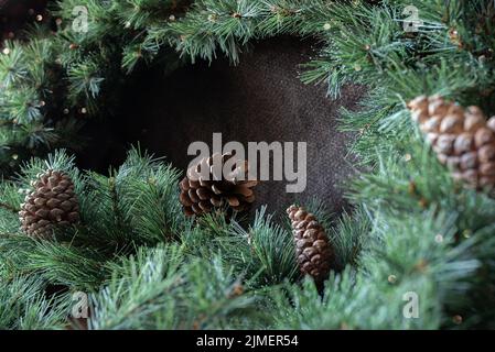 Bella decorazione di natale. Bordo da abete verde con coni di pino e spazio copia. Foto Stock