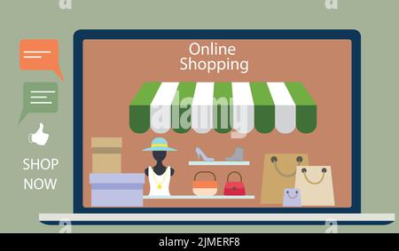 Un notebook con borse, scarpe e scatole su sfondo grigio. Concetto di shopping online Illustrazione Vettoriale