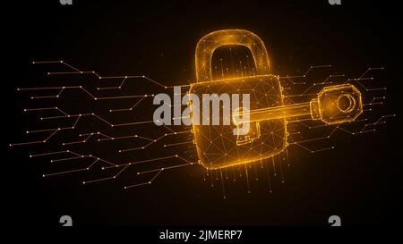 Cyber Attack low poly art. L'illustrazione vettoriale poligonale di un tasto sblocca una serratura. Il concetto di attacco a un sistema di informazioni Foto Stock